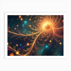 A Glowing, Fractal Flower With Intricate Petals And Swirling Lines, Surrounded By Smaller Blossoms And Sparkling Stars On A Dark Blue Background Art Print