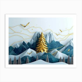 3d Modern Art with Blue Night Landscape with Dark Mountains, Giant Golden Tree and Gold Art Print