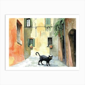 Black Cat In Reggio Emilia, Italy, Street Art Watercolour Painting 4 Art Print