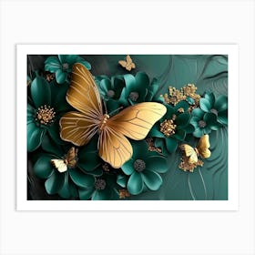 3d Floral Background with Green Flowers and Golden Butterfly Art Print