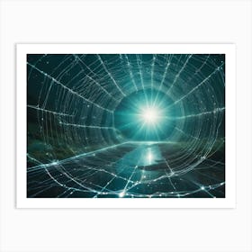 A Beam Of Bright, Ethereal Light Shines Through A Tunnel Like Opening At The End Of A Path Covered In A Giant, Sparkling Spiderweb, Creating A Mystical And Alluring Atmosphere Art Print