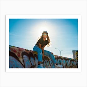 Stylish Girl Wearing A Cap Yellow Sunglasses Perched On The Edge Of Her Nose Leaning Against A Gra Art Print