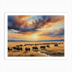 A Tapestry of Life in the Savannah Bison At Sunset Art Print