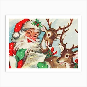 Happy Santa Claus Singing With Deer Art Print