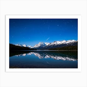 Tranquil Lake Foreground Mirrored Reflections Backdropped By Towering Snow Capped Mountains Under A Art Print