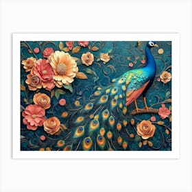 Elegant Leather Base Combines Bright Color Floral with Exotic Oriental Pattern Flowers and Peacocks Art Print