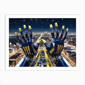 A Pair Of Robotic Hands, Metallic Blue With Gold Accents, Raised In A Gesture Of Openness Or Welcome Art Print