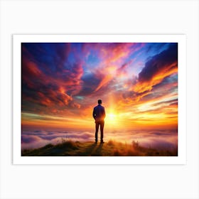 Man Standing On A Hilltop Looking At A Sunset Art Print