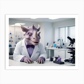 A Purple Dinosaur Wearing A Lab Coat And A Bow Tie, Sitting At A Desk With A Microscope Art Print