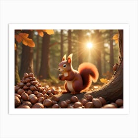 Red Squirrel With Acorns In An Autumn Forest Art Print