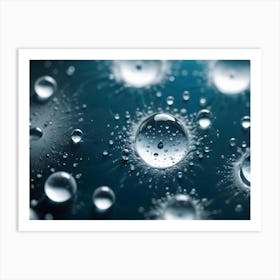 A Macro Photo Of Water Droplets On A Surface, With One Large Droplet In The Center Surrounded By Smaller Droplets Art Print