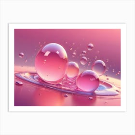 Pink Water Drops Forming Spheres Of Various Sizes, Creating A Splash And Ripples On A Reflective Surface Art Print