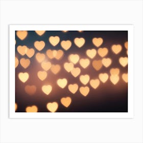 A Blurry Background Of Out Of Focus, Heart Shaped Lights In A Warm Golden Hue Against A Dark Blue Backdrop Art Print