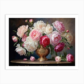 Vase Brimming With Fully Bloomed Roses And Peonies Petals Open To Their Full Magnificence Position Art Print