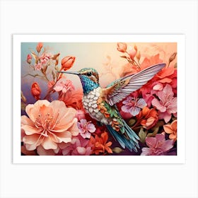 Hummingbird With Flowers Paintings Art Print Art Print