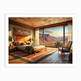 A Bedroom With Wooden Furniture, A Large Window Overlooking A Mountain Range, And A Warm, Inviting Atmosphere Art Print