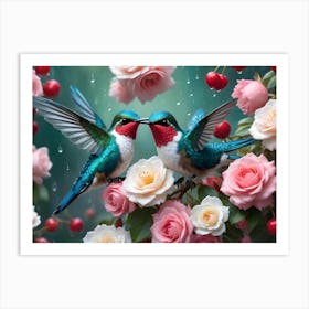 Two Hummingbirds With Red Throats And Iridescent Green Plumage Kiss Amidst A Bouquet Of Pink And White Roses With Cherries Hanging Nearby Art Print