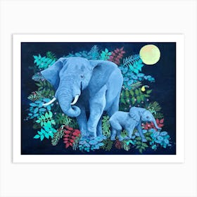 Moonlight Elephants Art Print