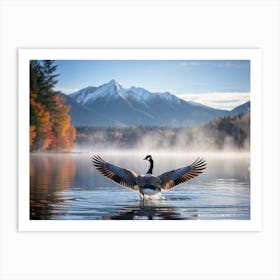 Canadian Goose Diving Into The Shimmering Waters Of A Serene Lake Autumn Foliage Reflecting Off The (1) Art Print