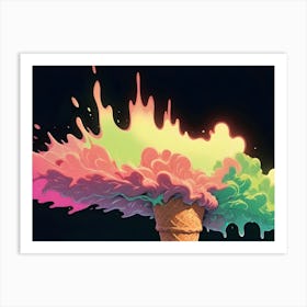 An Ice Cream Cone With Scoops Of Vibrant Pink, Green, And Yellow Ice Cream Exploding Upwards Against A Black Background Art Print