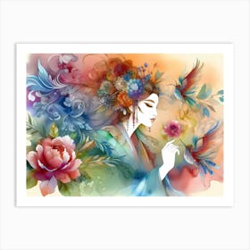 Chinese Woman With Birds Art Print