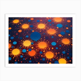 Abstract Background With Colorful Circles In Blue, Orange, And Yellow, Exploding Outward From A Central Point On A Dark, Textured Background Art Print