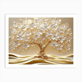 3d Art Golden Tree Life With White Flowers Art Print