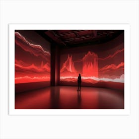 A Woman Silhouetted In A Dark Room In Front Of A Large Screen Displaying A Digital Landscape Of Red Mountains, Creating A Dramatic And Futuristic Scene Art Print