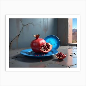 A Pomegranate Sliced Open On A Blue Plate With Additional Slices On The Cracked Floor Art Print