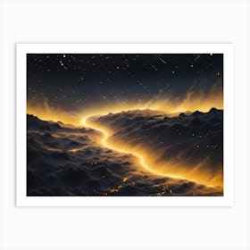 A Luminous, Molten River Of Golden Light Snakes Through A Dark And Desolate Landscape Under A Shower Of Shooting Stars Art Print