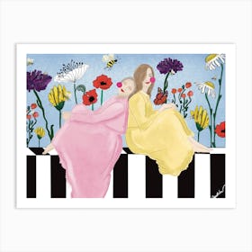 Two Girls Friends With Flowers and Bees Art Print