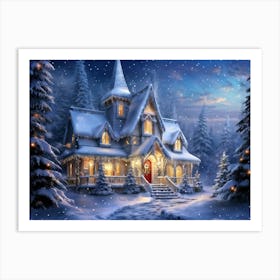 Magical Christmas House Nestled At The Edge Of A Snowy Forest Twinkling Lights Peeking Through The Art Print