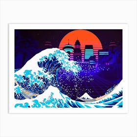 Synthwave Space: The Great Wave off Kanagawa & City [synthwave/vaporwave/cyberpunk] — aesthetic poster, retrowave poster, neon poster Art Print