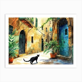 Beirut, Lebanon   Black Cat In Street Art Watercolour Painting 2 Art Print