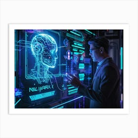 Cyber Interface Showing Neural Connectivity And Artificial Intelligence Fusion Sleek Holographic Pa (4) Art Print