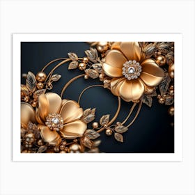 3d Art Illustration Background With Golden Jewelry And Flowers Art Print