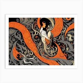 I am in love, vector art, abstract art, woman portrait, woman, woman in nature, orange and black, orange and grey, grey and black, shades of grey, Woman in floral pattern , woman with flowers  Art Print