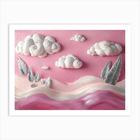 Pastel Pink 3d Expressionist Art with Silver Feathers Serene Clouds and Unique Hills Design Art Print