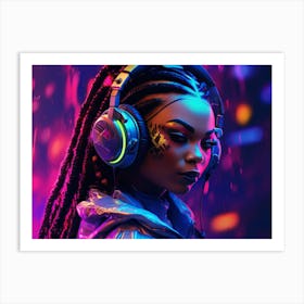 Ebony girl immersed in a neon-lit cyberpunk world, wearing a sleek cyberpunk headset and futuristic gear Art Print