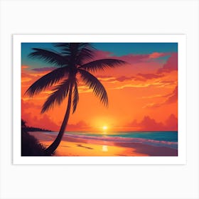 A Tranquil Beach At Sunset Horizontal Illustration 4 Art Print