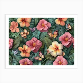 Floral Seamless Pattern With Tropical Flowers Bouquets, Plumeria, Protea, Hibiscus, Glasswinged Butterflies, Fresh Foliage, Exotic 1 Art Print