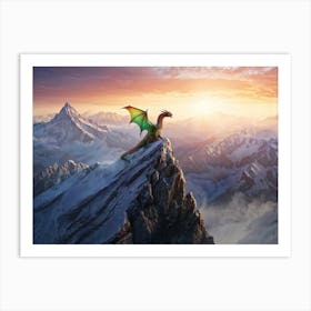 Iridescent Dragon Perched Atop A Snow Capped Mountain Peak Scales Shimmering With A Spectrum Of Col Art Print