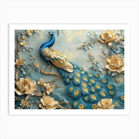 3d Artwork Peacock Illustration Background With Golden Jewelry And Flowers Painting Art Print