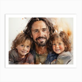 Jesus with little children - watercolor painting. 3 Art Print