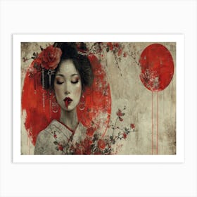 Geisha Grace: Elegance in Burgundy and Grey. Geisha 1 Art Print