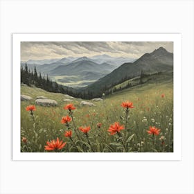 Vintage Oil Painting of indian Paintbrushes in a Meadow, Mountains in the Background 5 Art Print