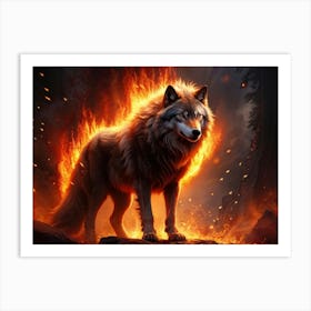 Majestic Wolf Stands At The Core Glowing Embers Dance Around It As Fiery And Electric Sparks Cascad Art Print