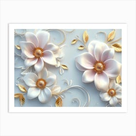 3d Art with White and Pink Flowers, Golden Swirls and Leaves on Light Blue Background Art Print