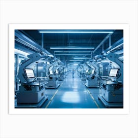 Ai Enhanced Factory Interior Illuminated By Soft Blue Light Robotic Arms Intricately Assembling Com (2) Art Print