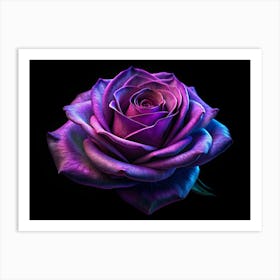 Single Purple Rose With Neon Glow On Black Background Art Print